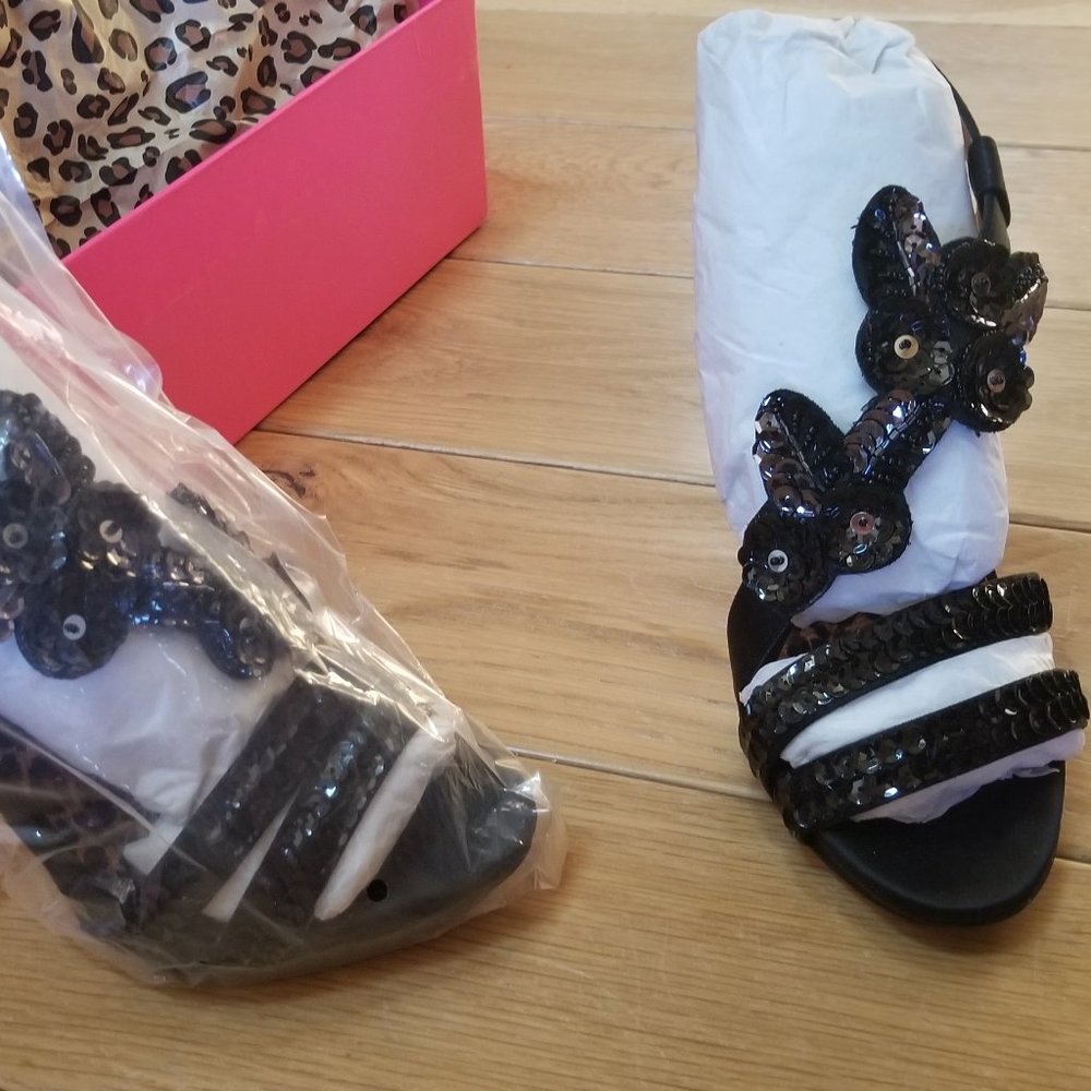 Sexy Black Satin & Sequin Betsey Johnson Spike Heels